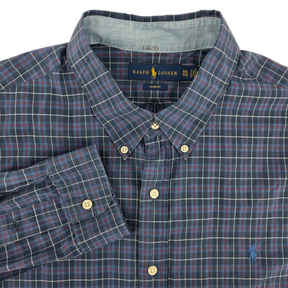 Ralph Lauren Button Down Mens XXL Heritage Tartan Plaid Cotton Slim Fit Navy